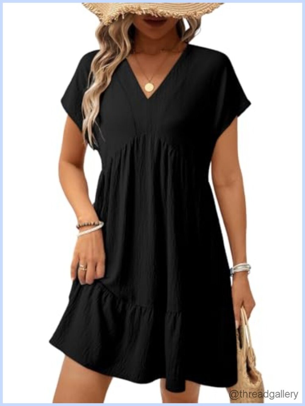 Women's V-Neck Short Sleeve Babydoll Dress Flowy A-Line Mini Summer Casual